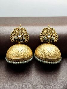 Elegant Meenakari Peacock Jhumka Earrings | Gold Plated Pearl Dangler Ethnic Perfect Jewelry For Girls - color: "Black-White"