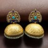 Gold plated Meenakari peacock jhumka earrings with pearl danglers