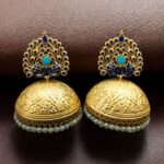 Elegant Meenakari Peacock Jhumka Earrings | Gold Plated Pearl Dangler Ethnic Perfect Jewelry For Girls - "Aqua-Blue"