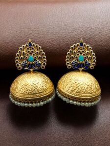 Elegant Meenakari Peacock Jhumka Earrings | Gold Plated Pearl Dangler Ethnic Perfect Jewelry For Girls - color: "Aqua-Blue"
