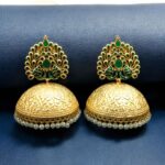 Elegant Meenakari Peacock Jhumka Earrings | Gold Plated Pearl Dangler Ethnic Perfect Jewelry For Girls - "Green"