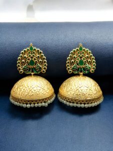 Elegant Meenakari Peacock Jhumka Earrings | Gold Plated Pearl Dangler Ethnic Perfect Jewelry For Girls - color: "Green"