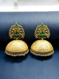 Gold plated Meenakari peacock jhumka earrings with pearl danglers