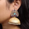 Gold plated Meenakari peacock jhumka earrings with pearl danglers