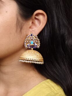 Gold plated Meenakari peacock jhumka earrings with pearl danglers