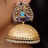 Gold plated Meenakari peacock jhumka earrings with pearl danglers