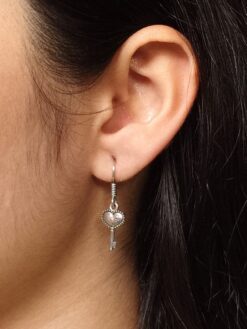 Handmade oxidized german silver heart key dangler earrings