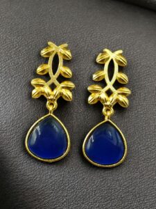 Trendy Gold Plated Earrings | Monalisa Stone Vintage Look Beautiful Dangler Jewelry - color: "Blue"