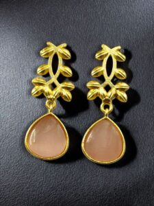 Trendy Gold Plated Earrings | Monalisa Stone Vintage Look Beautiful Dangler Jewelry - color: "Baby Pink"