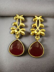 Trendy Gold Plated Earrings | Monalisa Stone Vintage Look Beautiful Dangler Jewelry - color: "Red"