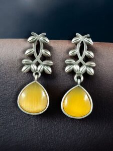 Vintage Look Silver Replica Earrings | Leaf Design Dangler Perfect Jewelry for Women - color: "Yellow"