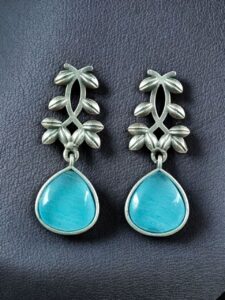 Vintage Look Silver Replica Earrings | Leaf Design Dangler Perfect Jewelry for Women - color: "Aqua"