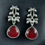 Vintage Look Silver Replica Earrings | Leaf Design Dangler Perfect Jewelry for Women - "Red"