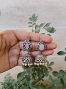 Elegant Silver Plated Jhumki Dangler Earrings with Beautiful Stone and Pearl Work Design - color: "Baby Pink"