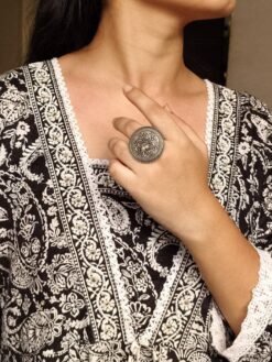 Vintage oxidized silver replica floral art ring for women