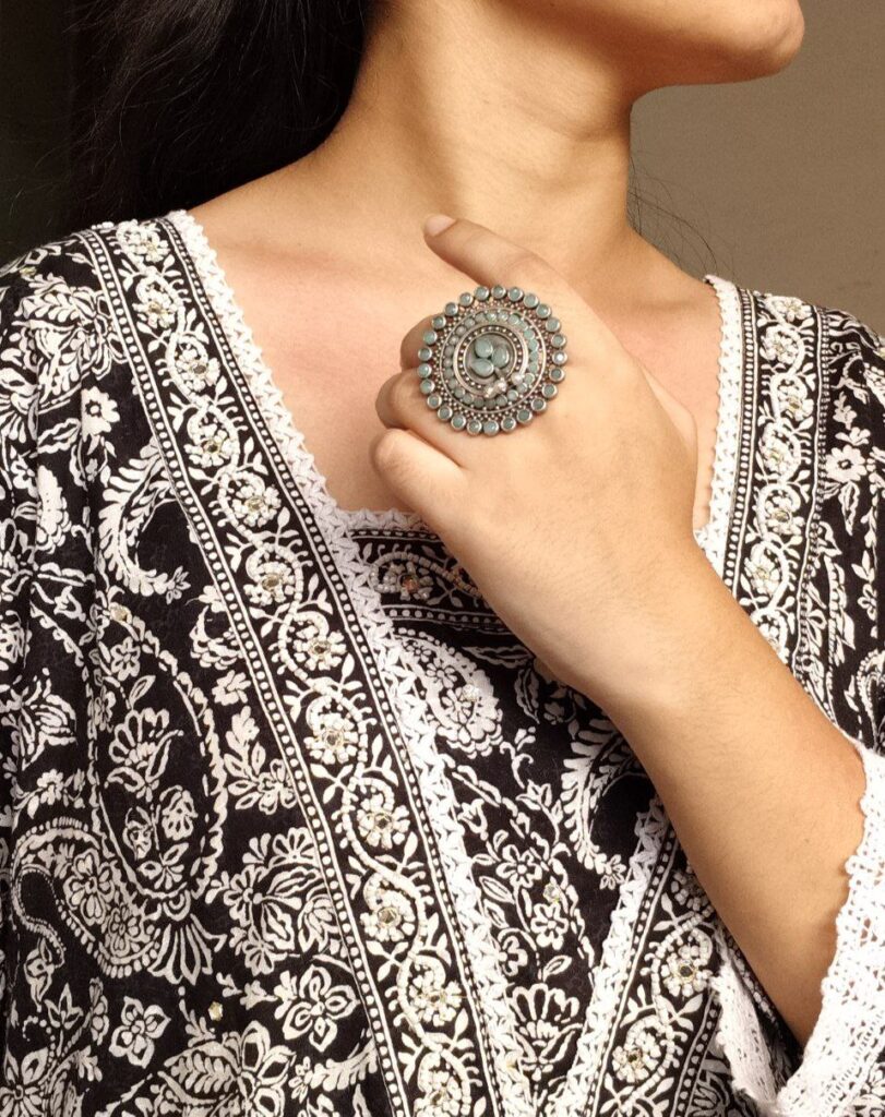 Traditional Pearl & Stone Work Oxidized Adjustable Ring | Vintage Look Ethnic Perfect Jewelry For Girls