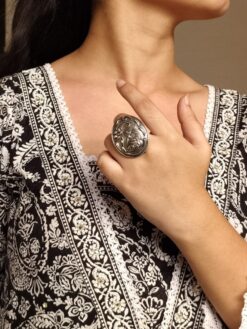 Oxidized silver replica peacock ring floral adjustable