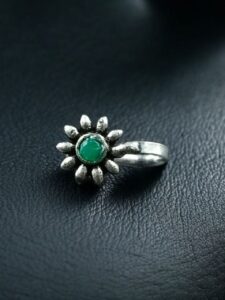 Unique Silver Plated Press Stone Nosepin | Oxidized Ethnic Style Jewelry - color: "Green"