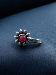 Unique Silver Plated Press Stone Nosepin | Oxidized Ethnic Style Jewelry - color: "Red"