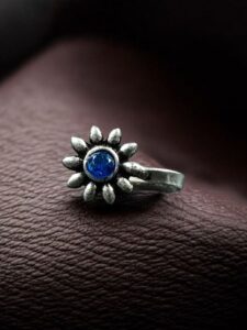 Unique Silver Plated Press Stone Nosepin | Oxidized Ethnic Style Jewelry - color: "Blue"