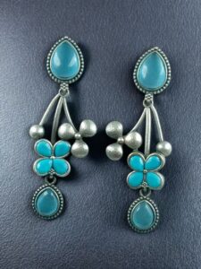 Beautiful Oxidized Flower Earring | Silver Replica Ethnic Stone Work Dangler Jewelry for Girls - color: "Aqua"