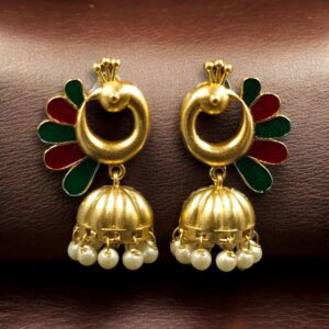 Beautiful Peacock Meenakari Earrings | Gold Plated Jhumki Pearl Ethnic Dangler Jewelry - color: "Red-Green"