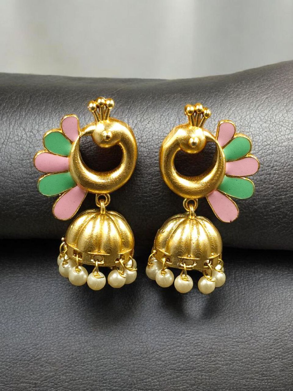 Beautiful Peacock Meenakari Earrings | Gold Plated Jhumki Pearl Ethnic Dangler Jewelry 4 Gold plated peacock Meenakari jhumki pearl dangler earrings