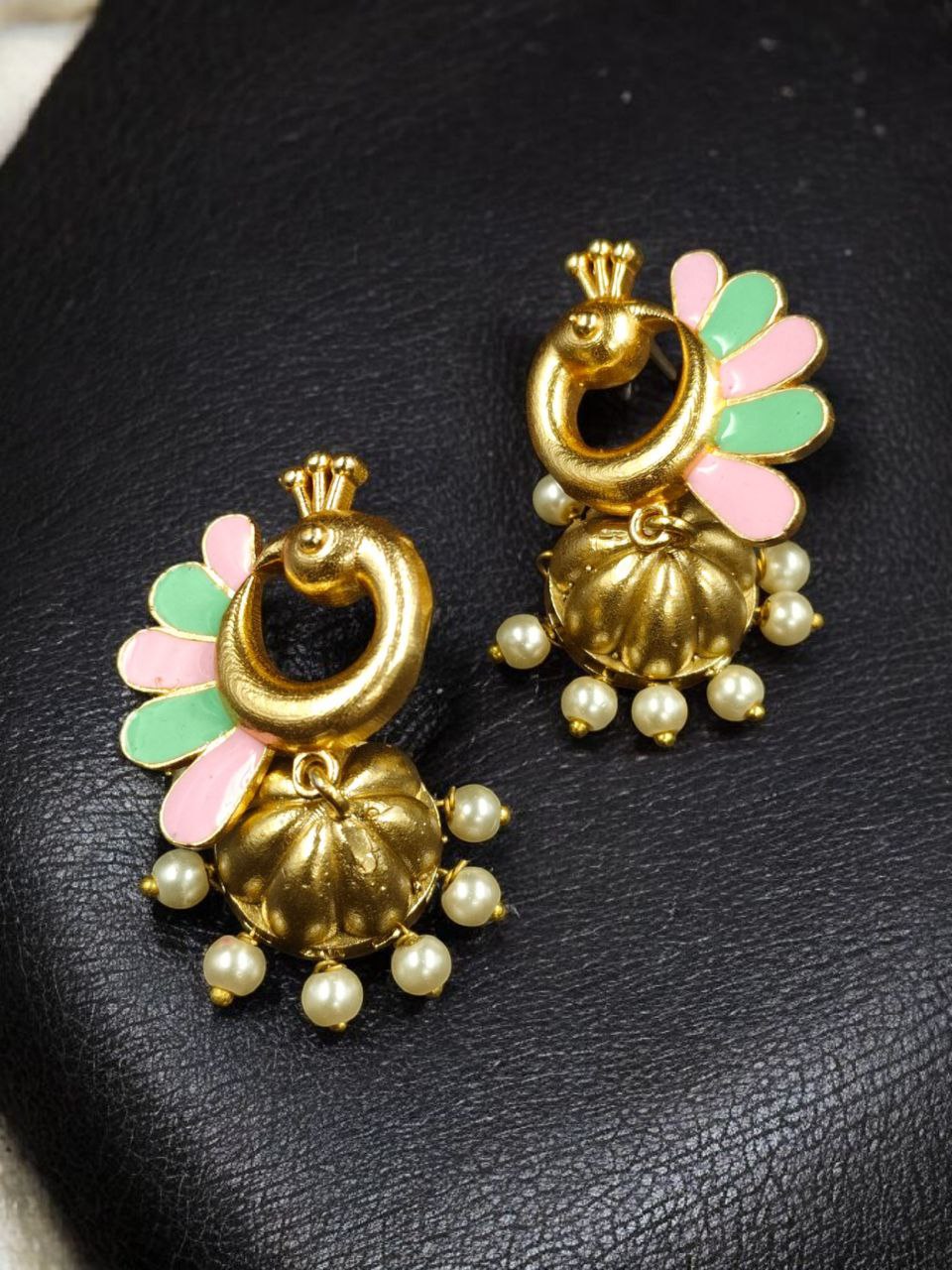 Beautiful Peacock Meenakari Earrings | Gold Plated Jhumki Pearl Ethnic Dangler Jewelry 3 Gold plated peacock Meenakari jhumki pearl dangler earrings