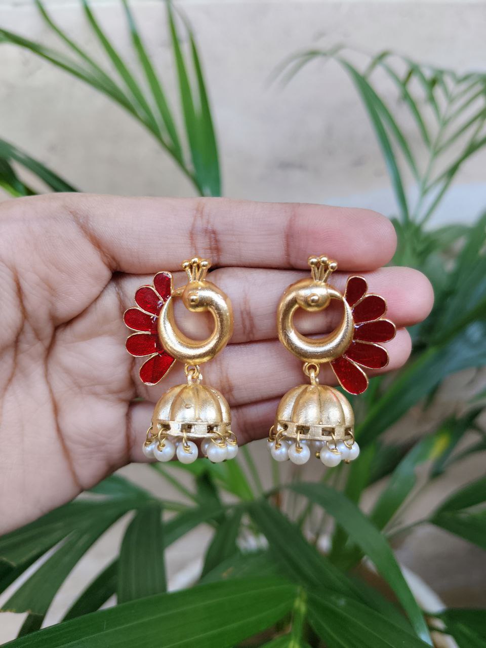 Beautiful Peacock Meenakari Earrings | Gold Plated Jhumki Pearl Ethnic Dangler Jewelry 2 Gold plated peacock Meenakari jhumki pearl dangler earrings