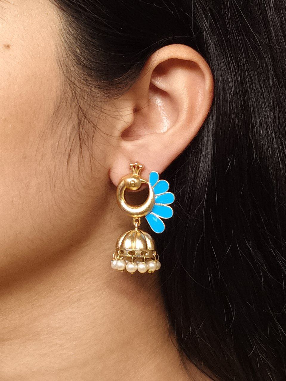 Beautiful Peacock Meenakari Earrings | Gold Plated Jhumki Pearl Ethnic Dangler Jewelry 1 Gold plated peacock Meenakari earrings pearl dangler