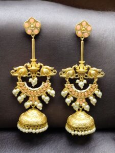 Luxury Kashmiri Jhumka Earrings | Gold Plated Stone & Pearl Work Dangler Traditional Jewelry - color: "Baby Pink"