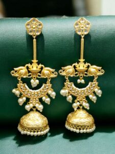 Luxury Kashmiri Jhumka Earrings | Gold Plated Stone & Pearl Work Dangler Traditional Jewelry - color: "White"