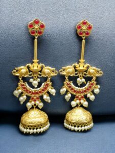 Luxury Kashmiri Jhumka Earrings | Gold Plated Stone & Pearl Work Dangler Traditional Jewelry - color: "Red"