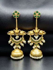 Luxury Kashmiri Jhumka Earrings | Gold Plated Stone & Pearl Work Dangler Traditional Jewelry - color: "Green"