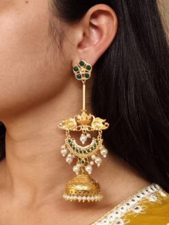 Gold plated Kashmiri jhumka earrings with stone and pearl work