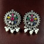 Bulk 106 Premium Silver Plated Round Stud Earrings | Stone & Pearl Work Ethnic Best Designer Jewelry For Girls - "Multi"
