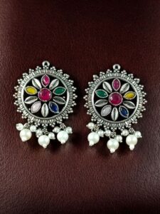 Premium Silver Plated Round Stud Earrings | Stone & Pearl Work Ethnic Best Designer Jewelry For Girls - color: "Multi"