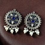 Bulk 108 Premium Silver Plated Round Stud Earrings | Stone & Pearl Work Ethnic Best Designer Jewelry For Girls - "Blue"
