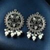 Silver plated round stone and pearl work stud earrings for girls