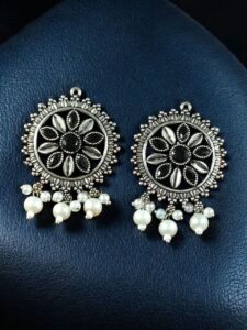 Premium Silver Plated Round Stud Earrings | Stone & Pearl Work Ethnic Best Designer Jewelry For Girls - color: "Black"