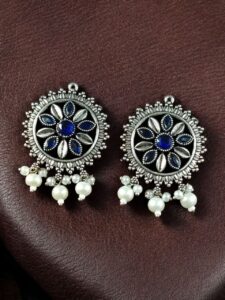 Premium Silver Plated Round Stud Earrings | Stone & Pearl Work Ethnic Best Designer Jewelry For Girls - color: "Blue"