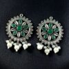 Silver plated round stone and pearl work stud earrings for girls