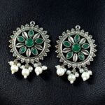 Bulk 114 Premium Silver Plated Round Stud Earrings | Stone & Pearl Work Ethnic Best Designer Jewelry For Girls - "Green"
