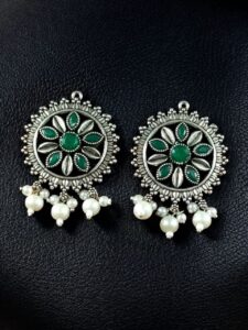Premium Silver Plated Round Stud Earrings | Stone & Pearl Work Ethnic Best Designer Jewelry For Girls - color: "Green"