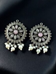 Premium Silver Plated Round Stud Earrings | Stone & Pearl Work Ethnic Best Designer Jewelry For Girls - color: "Baby Pink"