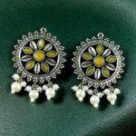 Bulk 116 Premium Silver Plated Round Stud Earrings | Stone & Pearl Work Ethnic Best Designer Jewelry For Girls - "Yellow"