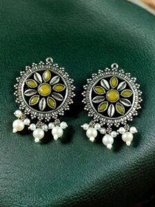 Premium Silver Plated Round Stud Earrings | Stone & Pearl Work Ethnic Best Designer Jewelry For Girls - color: "Yellow"