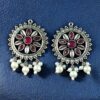 Silver plated round stone and pearl work stud earrings for girls