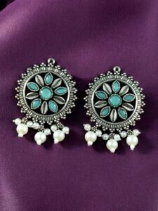 Premium Silver Plated Round Stud Earrings | Stone & Pearl Work Ethnic Best Designer Jewelry For Girls - color: "Mint"