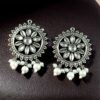 Silver plated round stone and pearl work stud earrings for girls